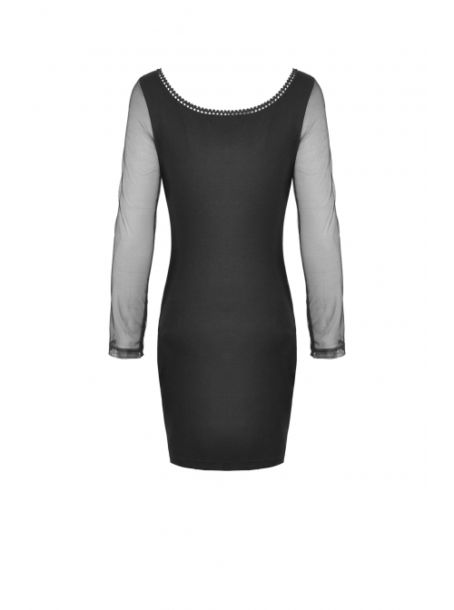 Street Fashion Lace Decoration Up  Chest Drawstring Design Transparent Long Sleeve Black Slim Dress