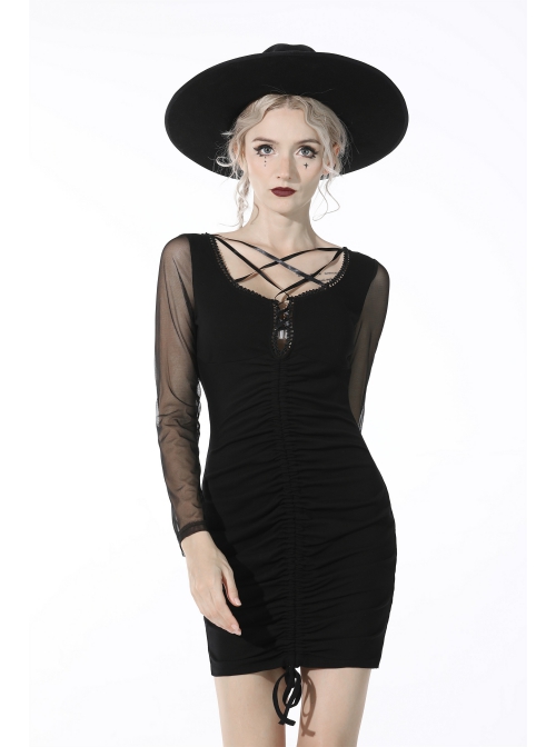 Street Fashion Lace Decoration Up  Chest Drawstring Design Transparent Long Sleeve Black Slim Dress
