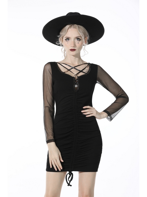 Street Fashion Lace Decoration Up  Chest Drawstring Design Transparent Long Sleeve Black Slim Dress