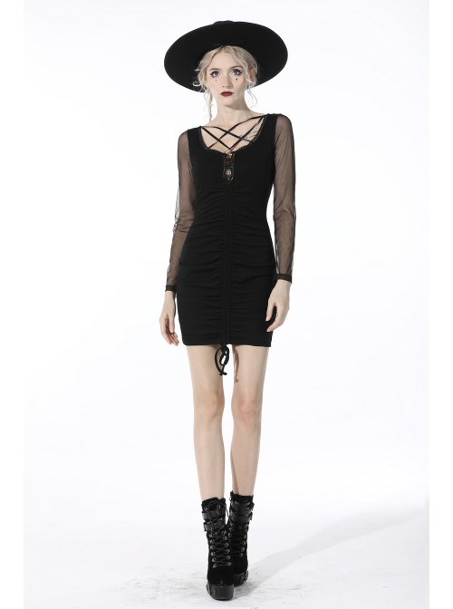 Street Fashion Lace Decoration Up  Chest Drawstring Design Transparent Long Sleeve Black Slim Dress