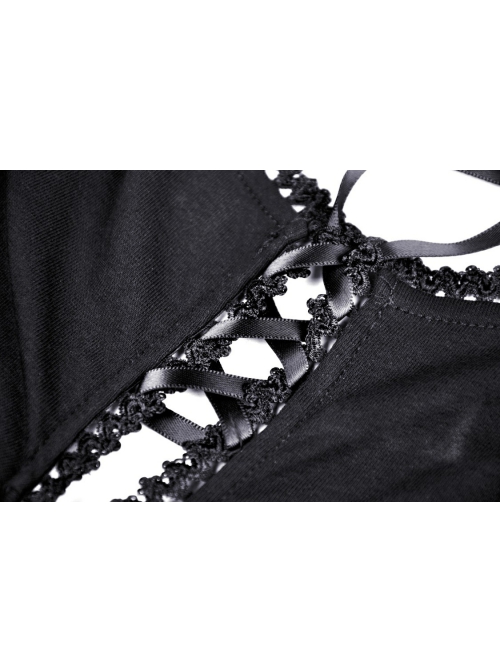 Street Fashion Lace Decoration Up  Chest Drawstring Design Transparent Long Sleeve Black Slim Dress