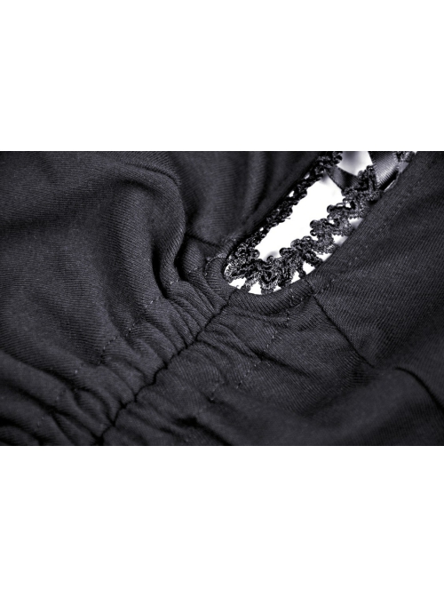 Street Fashion Lace Decoration Up  Chest Drawstring Design Transparent Long Sleeve Black Slim Dress