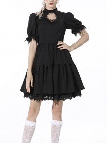 Gothic Lace Design Angel Wing Decoration Puff Short Sleeves Doll Mini Black Dress
