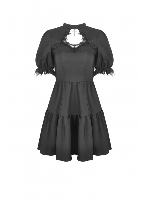 Gothic Lace Design Angel Wing Decoration Puff Short Sleeves Doll Mini Black Dress