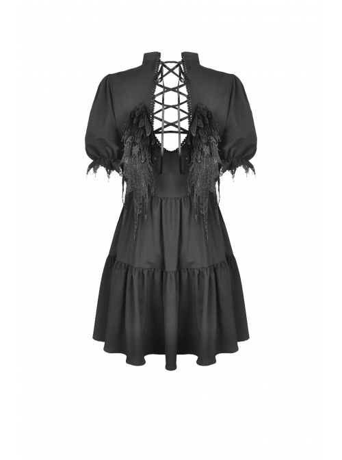 Gothic Lace Design Angel Wing Decoration Puff Short Sleeves Doll Mini Black Dress