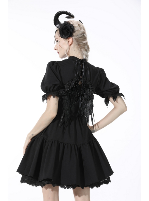 Gothic Lace Design Angel Wing Decoration Puff Short Sleeves Doll Mini Black Dress
