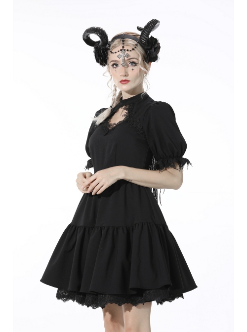Gothic Lace Design Angel Wing Decoration Puff Short Sleeves Doll Mini Black Dress