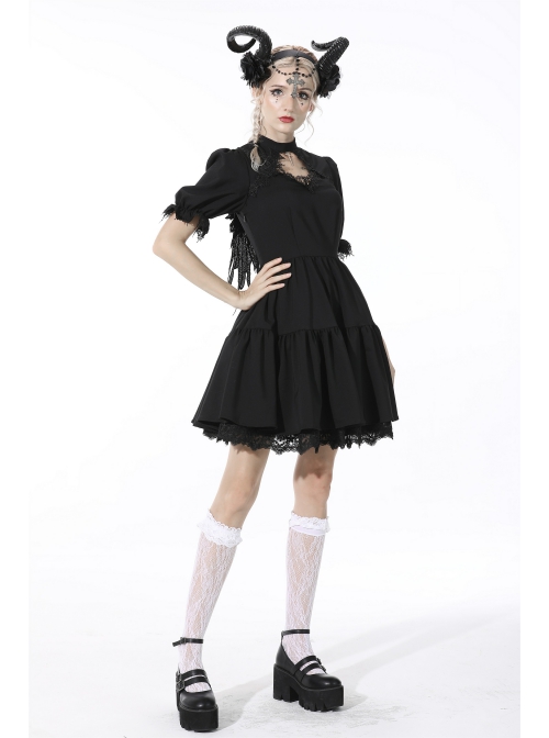 Gothic Lace Design Angel Wing Decoration Puff Short Sleeves Doll Mini Black Dress