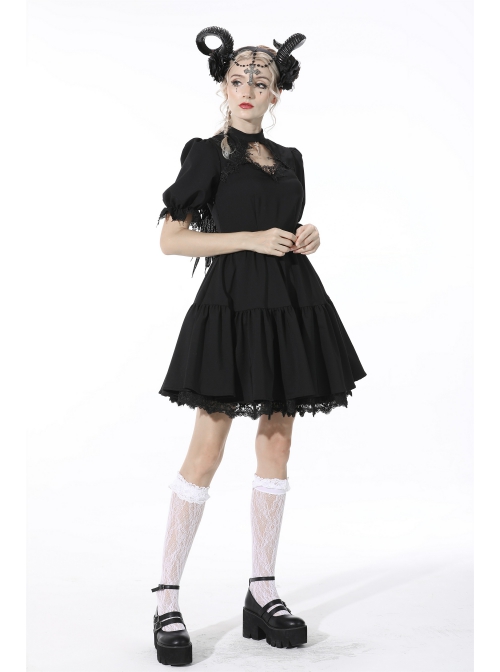 Gothic Lace Design Angel Wing Decoration Puff Short Sleeves Doll Mini Black Dress