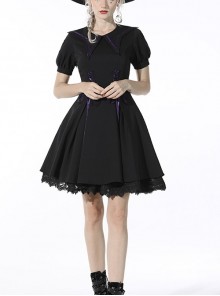 Gothic Purple Line Trims Symmetrical Lapels Magic Girl Black Mini Dress