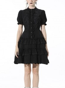 Gothic Princess Vertical Layered Lace Pattern Decoration Black Short Sleeve Shirtwaist Dress