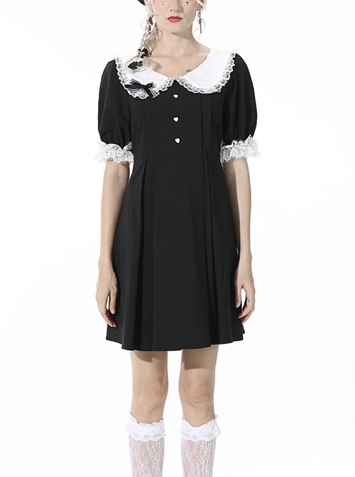 Black Gothic Lolita Button Decoration Lace-Trim Rabbit Ear Dress