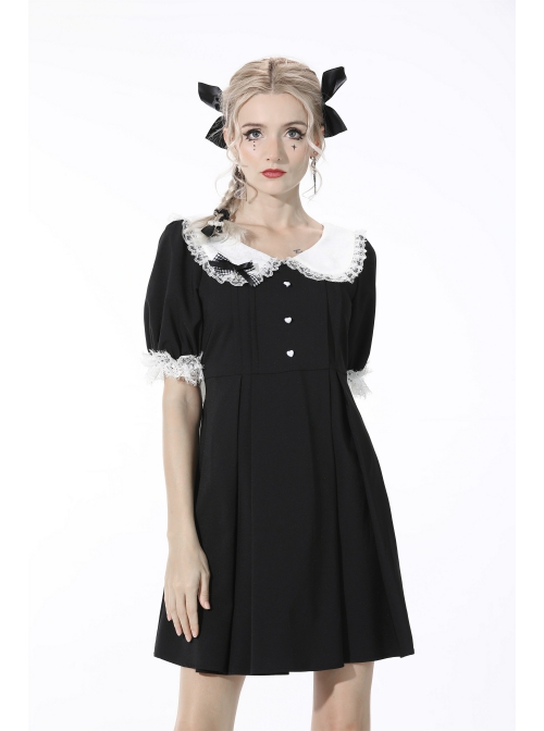 Black Gothic Lolita Button Decoration Lace-Trim Rabbit Ear Dress