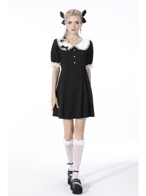 Black Gothic Lolita Button Decoration Lace-Trim Rabbit Ear Dress