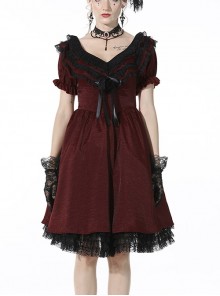 Victoria Black Red Tie Waist Lace Decoration Ruffle Trim Low V Neck Dress