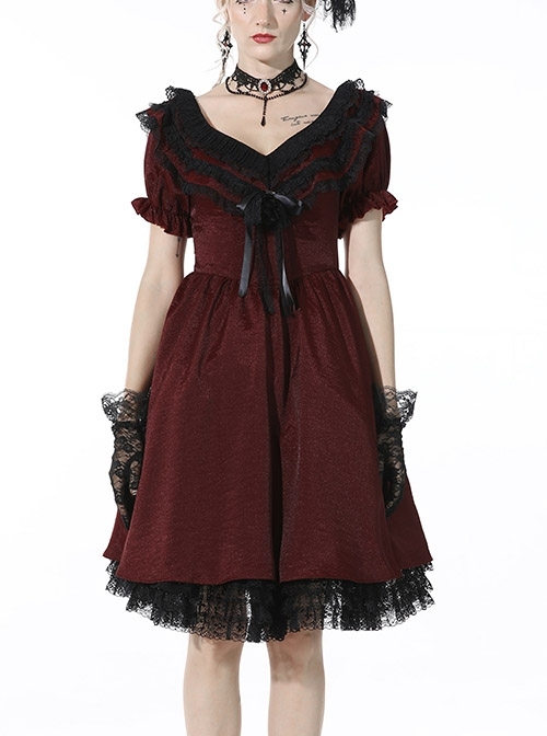 Victoria Black Red Tie Waist Lace Decoration Ruffle Trim Low V Neck Dress