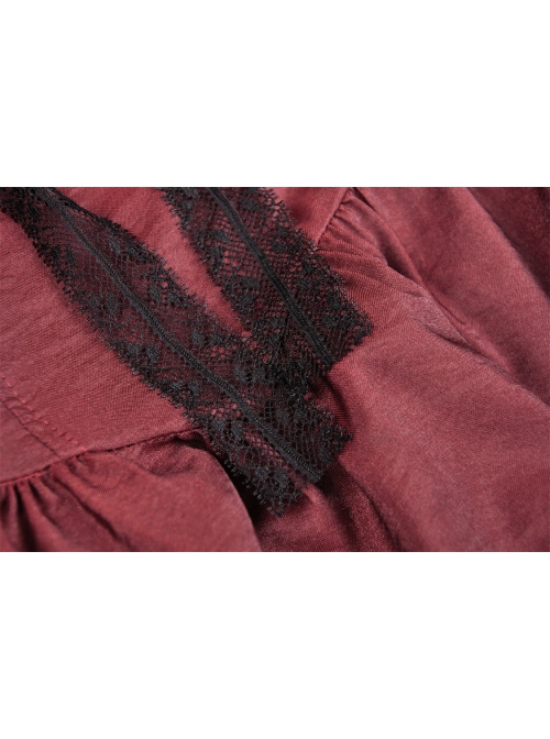 Victoria Black Red Tie Waist Lace Decoration Ruffle Trim Low V Neck Dress