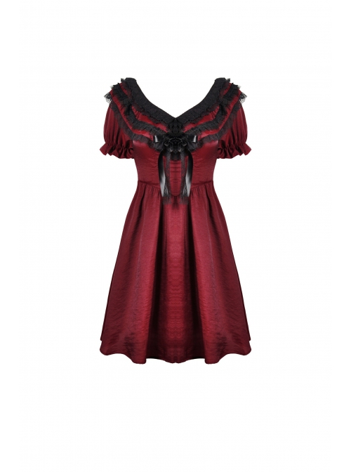 Victoria Black Red Tie Waist Lace Decoration Ruffle Trim Low V Neck Dress