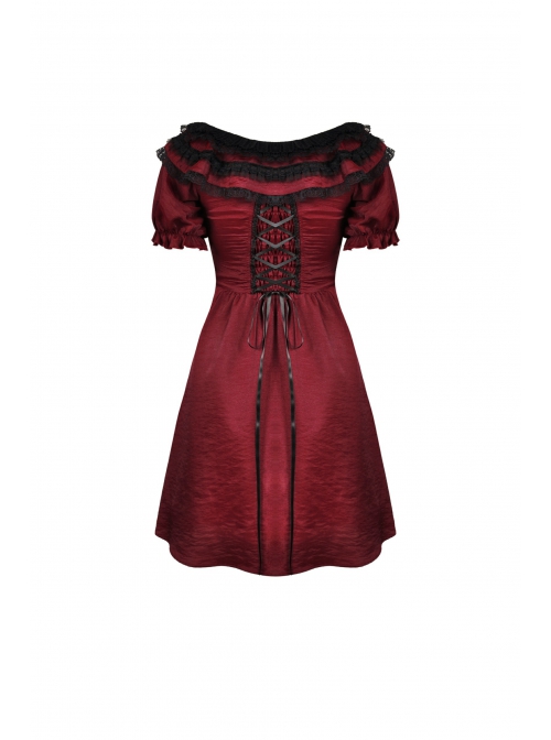 Victoria Black Red Tie Waist Lace Decoration Ruffle Trim Low V Neck Dress