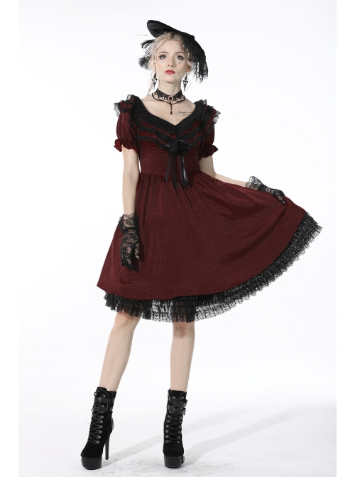 Victoria Black Red Tie Waist Lace Decoration Ruffle Trim Low V Neck Dress