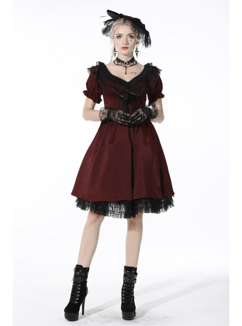 Victoria Black Red Tie Waist Lace Decoration Ruffle Trim Low V Neck Dress