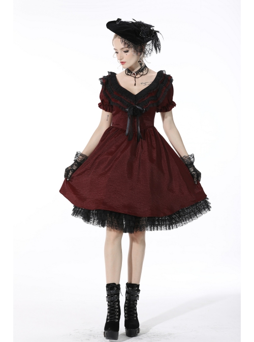 Victoria Black Red Tie Waist Lace Decoration Ruffle Trim Low V Neck Dress