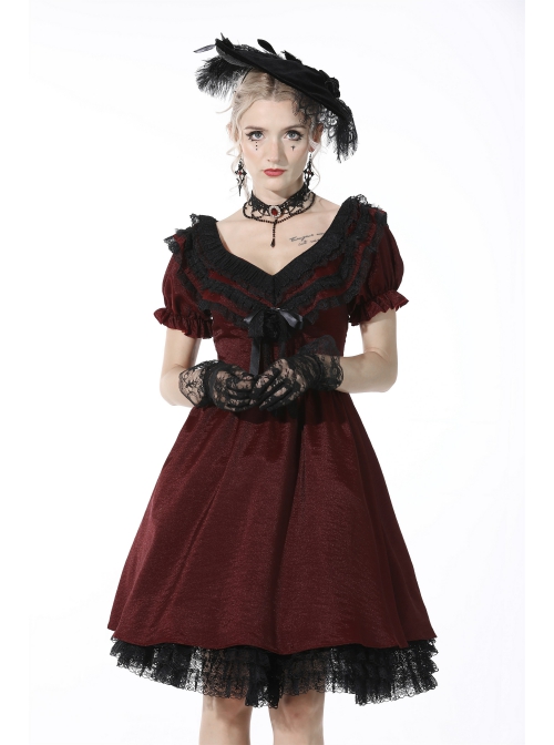 Victoria Black Red Tie Waist Lace Decoration Ruffle Trim Low V Neck Dress