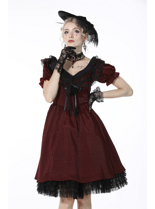 Victoria Black Red Tie Waist Lace Decoration Ruffle Trim Low V Neck Dress