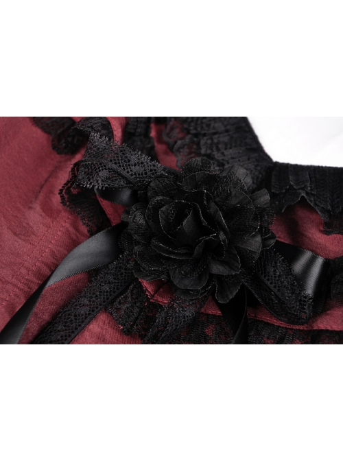 Victoria Black Red Tie Waist Lace Decoration Ruffle Trim Low V Neck Dress