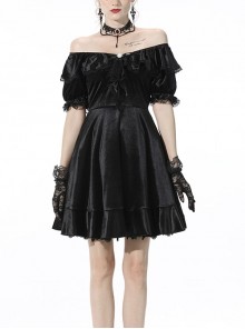 Gothic Lace Design Pearl Decoration Sexy Ruffle Off Shoulder Black Velvet Dress