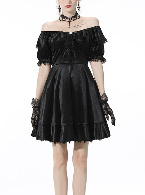 Gothic Lace Design Pearl Decoration Sexy Ruffle Off Shoulder Black Velvet Dress