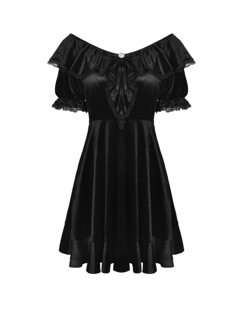 Gothic Lace Design Pearl Decoration Sexy Ruffle Off Shoulder Black Velvet Dress