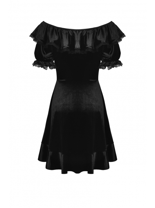 Gothic Lace Design Pearl Decoration Sexy Ruffle Off Shoulder Black Velvet Dress