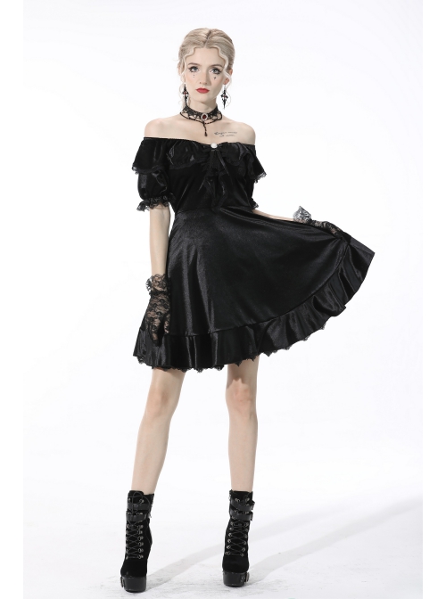 Gothic Lace Design Pearl Decoration Sexy Ruffle Off Shoulder Black Velvet Dress