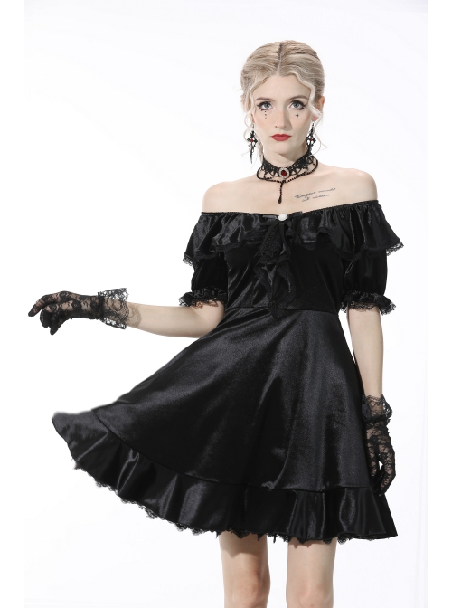Gothic Lace Design Pearl Decoration Sexy Ruffle Off Shoulder Black Velvet Dress