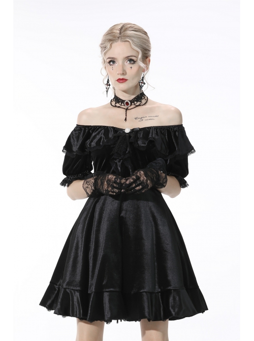 Gothic Lace Design Pearl Decoration Sexy Ruffle Off Shoulder Black Velvet Dress