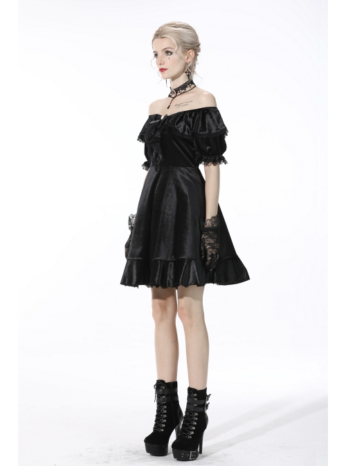 Gothic Lace Design Pearl Decoration Sexy Ruffle Off Shoulder Black Velvet Dress