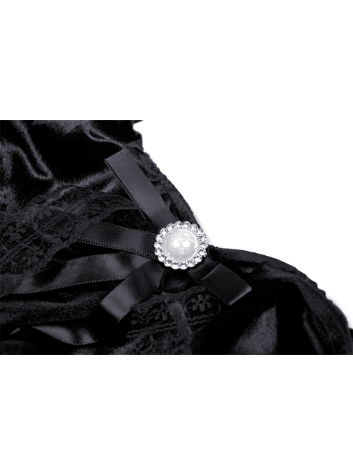 Gothic Lace Design Pearl Decoration Sexy Ruffle Off Shoulder Black Velvet Dress