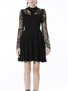Gothic Sexy Strap Design Pattern Lace Decoration Flared Sleeves Black Mini Dress