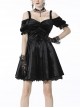 Gothic Lady Off Shoulder Pleated Lace Design Velvet Black Party Dress