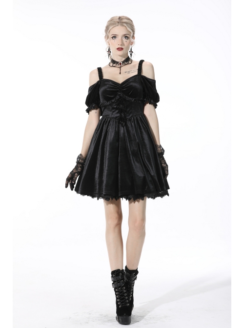 Gothic Lady Off Shoulder Pleated Lace Design Velvet Black Party Dress