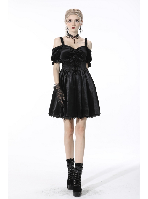 Gothic Lady Off Shoulder Pleated Lace Design Velvet Black Party Dress