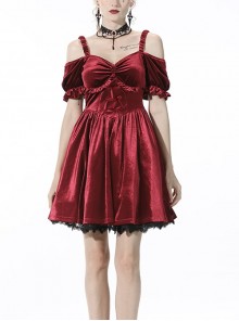 Gothic Lady Off Shoulder Pleated Lace Design Velvet Red Party Dress