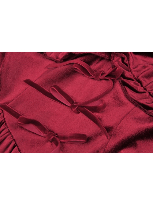 Gothic Lady Off Shoulder Pleated Lace Design Velvet Red Party Dress