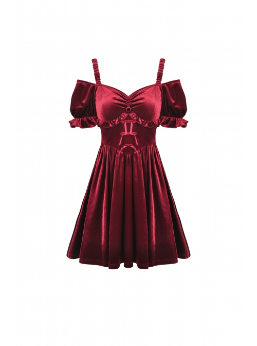Gothic Lady Off Shoulder Pleated Lace Design Velvet Red Party Dress
