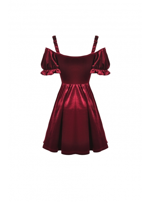 Gothic Lady Off Shoulder Pleated Lace Design Velvet Red Party Dress