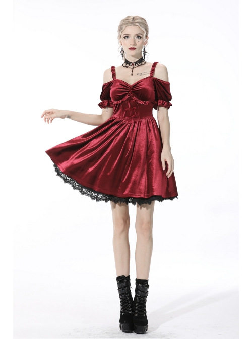 Gothic Lady Off Shoulder Pleated Lace Design Velvet Red Party Dress