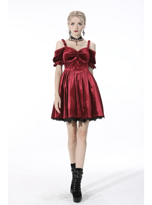 Gothic Lady Off Shoulder Pleated Lace Design Velvet Red Party Dress