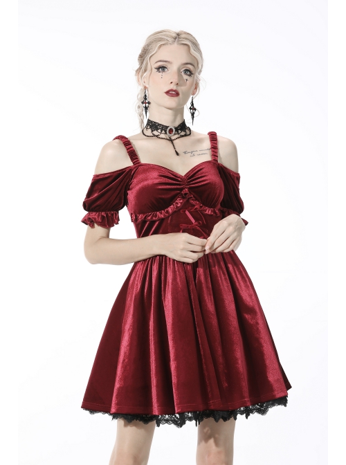 Gothic Lady Off Shoulder Pleated Lace Design Velvet Red Party Dress