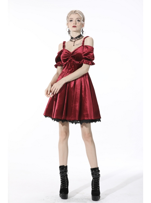 Gothic Lady Off Shoulder Pleated Lace Design Velvet Red Party Dress